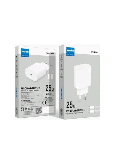 Weko Wk-27878 Note10 Beyaz 25 Watt Şarj Başlık Adaptörü + Type-c To Type-c Kablo Standart