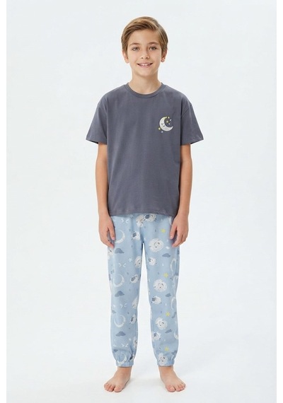 Bunny Hopp Erkek Çocuk Pijama Takımı %100 Pamuk Ay Ve Yıldız Nakışlı Yazlık Kısa Kollu Gri Bunny Hopp Erkek Çocuk Pijama Takımı %100 Pamuk Ay Ve Yıldız Nakışlı Yazlık Kısa Kollu Gri