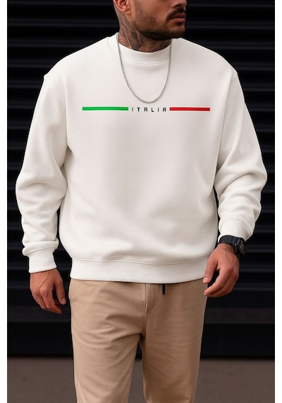 Benroma 3 İplik Penye Italıa Baskılı Unisex Sweatshırt Beyaz