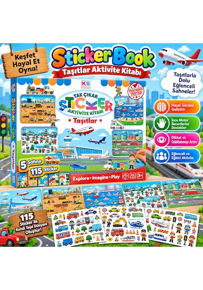 Sticker Book Vehicles Taşıtlar Aktivite Kitabı 5 Sahne 115 Sticker Çocuklar İçin Çıkartma Kitabı