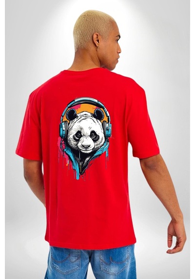 Kulaklık Ayı Panda Kırmızı Oversize Unisex Ön Ve Sırt Baskılı Tişört Kırmızı