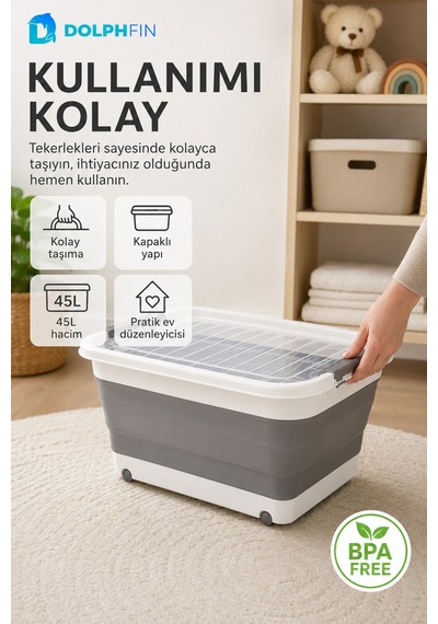 45 L Tekerlekli Katlanabilir Saklama Kutusu Kapaklı Çok Amaçlı Ev Düzenleyici Organizer Beyaz - Gri
