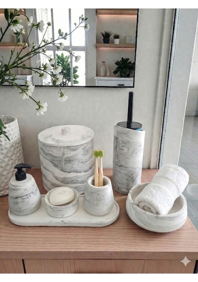 Mermer Desen Tam Beton Banyo Seti Tuvalet Wc Sıvı Sabunluk Diş Fırçalığı Aksesuar Takımı Gri