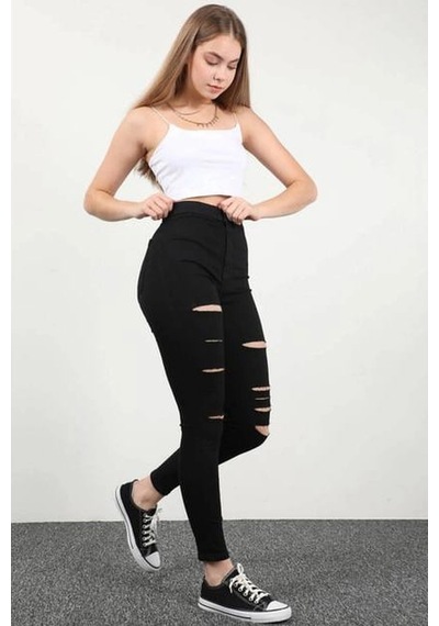 Yırtık Siyah Yüksek Bel Skinny Fit Jean Likralı Cepsiz Tayt Pantolon