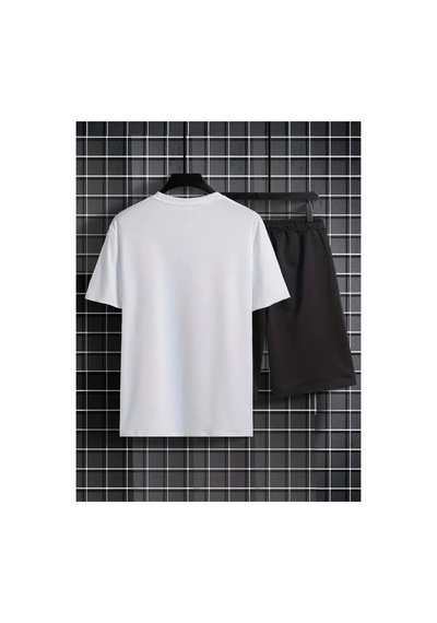 Erkek Beyaz''los Angeles Baskılı'' Basic Oversize T-shirt- Şort Takım Strup0000000000015