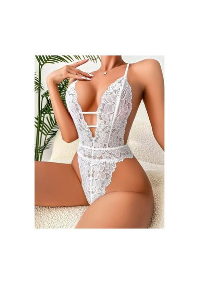 E Bulurum Beyaz Dantel İşlemeli Göğüs Dekolteli Body Beyaz