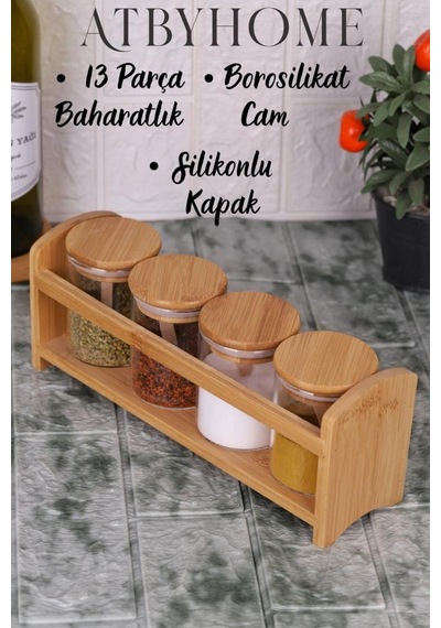 Bambu Silikonlu Kapaklı Borosilikat Cam Standlı Baharatlık - 250 Ml Baharat Takımı 13 Parça Kahverengi - Şeffaf