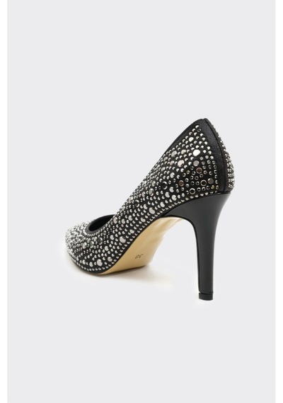 Derinet Taşlı Dekolteli Kadın Stiletto Siyah Siyah