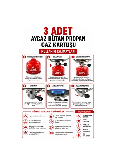 Gaz Kartuşu Bütan Propan Karışımlı Kamp Ocağı Uyumlu 230 Gr 3 Adet Kırmızı