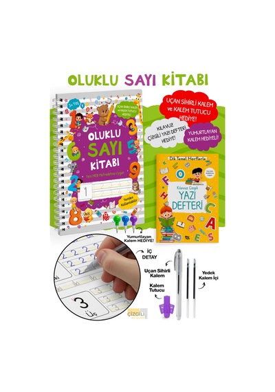 Oluklu Sayı Kitabı - Sihirli Kalem Seti - Kabartmalı Yeniden Kullanılabilir Yazma Öğrenme Kitabı