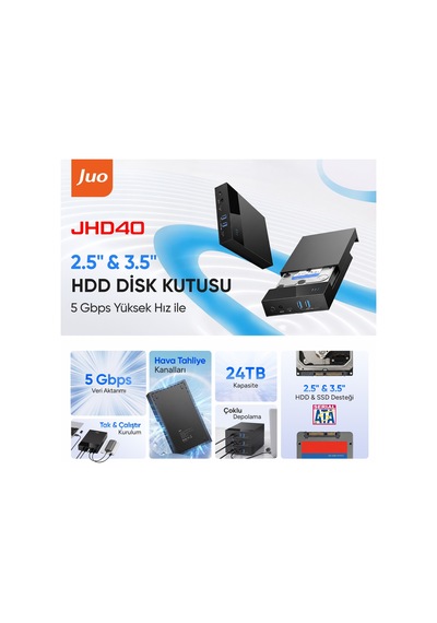 Juo Jhd40 2.5" Ve 3.5" İnç Sata Hdd Ssd Harici Disk Kutusu, Usb 3.1 Type-c 5gbps, 3 Port Usb Hub, 24tb Destekli