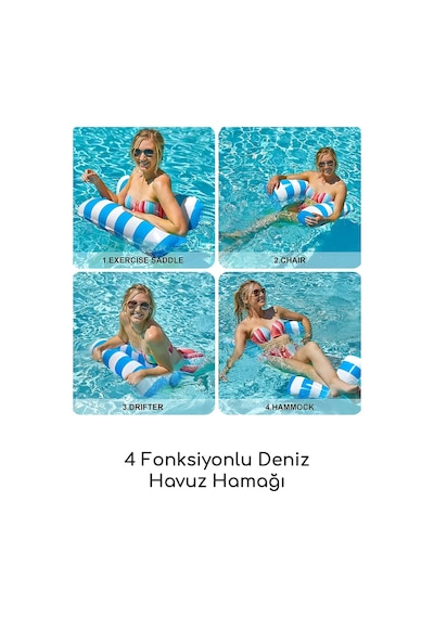 Fileli Premium Deniz Havuz Hamağı 4 Fonksiyonlu Havuz Deniz Yatağı 130x70 Cm Mavi