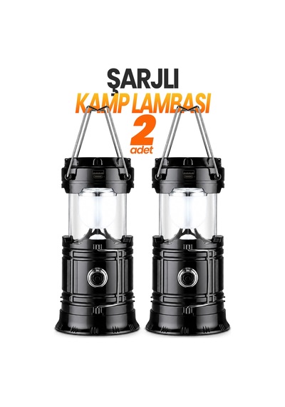 2 Adet Şarjlı Solarlı Kamp Lambası El Feneri Powerbank Özellikli Taşıma Kulplu Siyah 5800t
