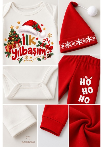 Babyden's Bebek Yılbaşı Takımı İlk Yılbaşım Baskılı Noel Kıyafeti %100 Pamuk 3'lü Body Pantolon Noel Şapkası Yılbaşı Kostüm Kırmızı - Beyaz