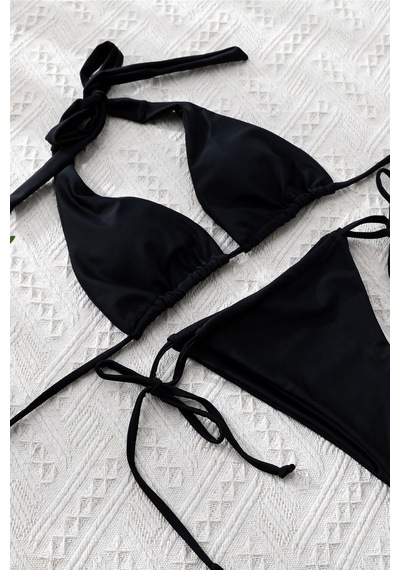 Moda Dua Kadın Siyah Yandan Bağlamalı Tangalı Üçgen Bikini Mayo Takımı
