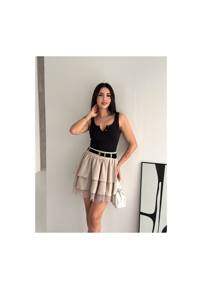 Gugus Kadın Mini Boy Tül/dantel Detaylı Beli Kemerli Volanlı Etek Bej