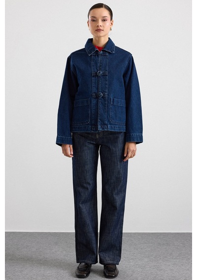 Olcay Birit Kapamalı Denim Ceket Koyu Mavi 8297
