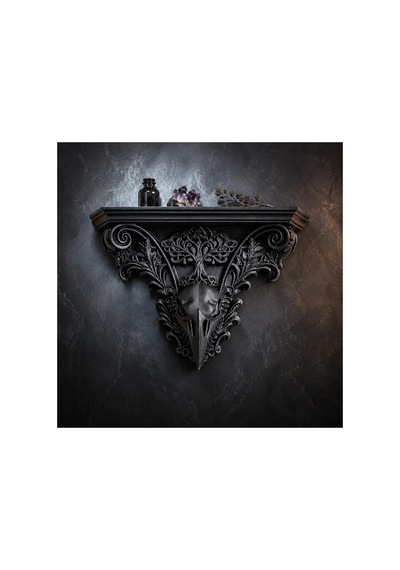 Hayat Ağacı Kuzgun Kafatası Gotik Duvar Rafı Siyah 3d Baskı Dekor 25x18x6 Cm Siyah