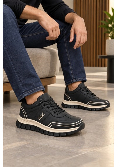 In Step Perra Erkek Siyah Deri Sneaker - Bej Kalın Tabanlı Günlük Spor Ayakkabı