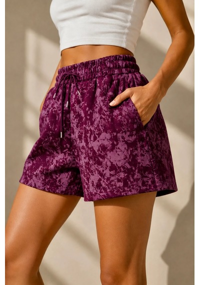 Bb Butik Basic Desenli Beli Lastikli Cepli Şort Md3535 Bordo