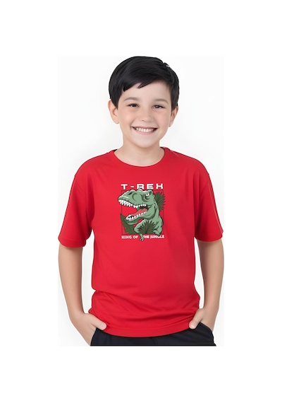 Panios Kids T-rex Baskılı Erkek Çocuk Kısa Kollu Tişört Kırmızı