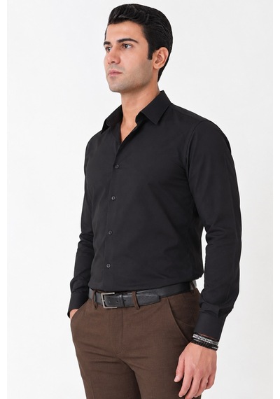 Siyah %100 Pamuklu Nefes Alabilir Kolay Ütülenebilir Uzun Kollu Slim Fit Gömlek Gk 766