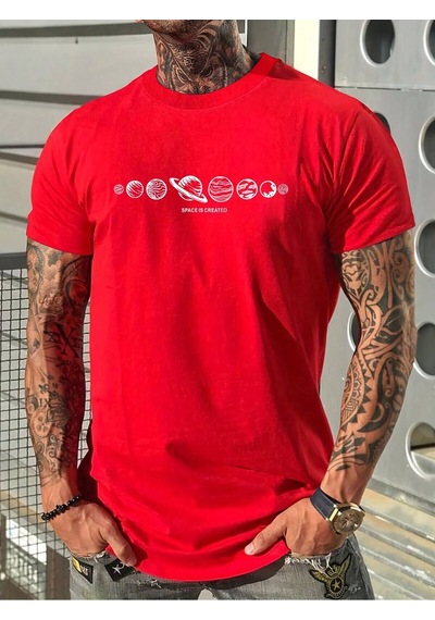 Space Created T-shirt - Kırmızı Baskılı Oversize Bisiklet Yaka Kısa Kol Tişört Kırmızı