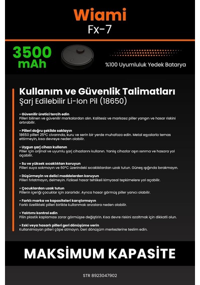Robo Mi Wiami Fx-7 Robot Süpürge Bataryası, 3500mah Gerçek Kapasite, Maksimum Güvenlik, Model M288, Mavi