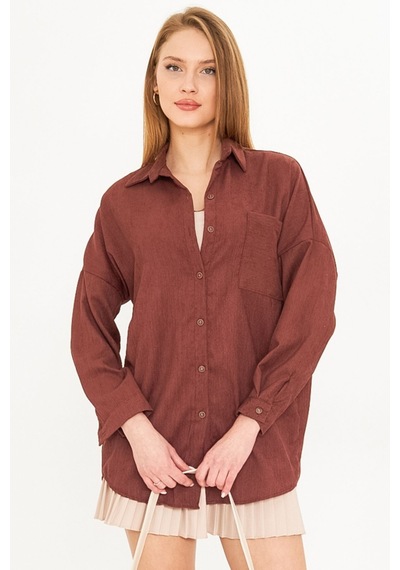 Armonika Kadın Kahve Cepli Oversize İnce Fitilli Kadife Gömlek Arm-24k001076