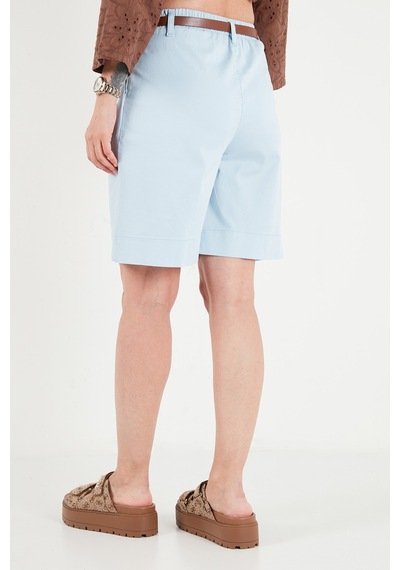 Lela Pamuklu Loose Fit Pileli Kemerli Bermuda Şort Bayan Şort 668yp5439 Mavi