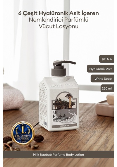 6 Hyalüronik Asitle Nemlendiren Parfümlü Vücut Losyonu Mılk Baobab Perfume Body Lotion White Soap