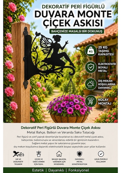 Peri Figürlü Metal Duvar Saksı Askılığı Dekoratif Bahçe Askısı Lazer Kesim Çelik Saksılık Balkon Ve Teras Duvar Dekoru Siyah Metal Askı Siyah Perili