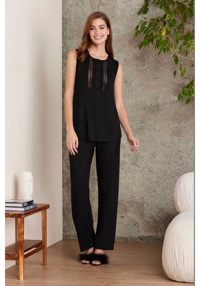 Pierre Cardin 2800 Kadın Penye Dantelli Sabahlıklı Pijama Takım-siyah Siyah