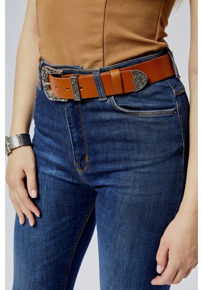 %100 Hakiki Şık Kadın Kemeri Antik Gümüş Desenli 4cm Taba