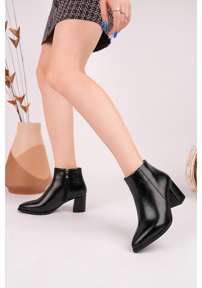 Nesilshoes Nesil Shoes Senyo 850 Parlak Siyah Fermuarlı Kadın Bot Siyah Çatlak