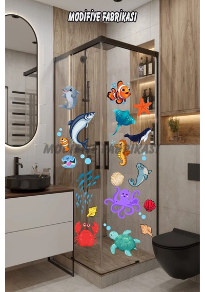 Sevimli Deniz Canlıları Temalı Banyo Duvar Stickerı Mavi