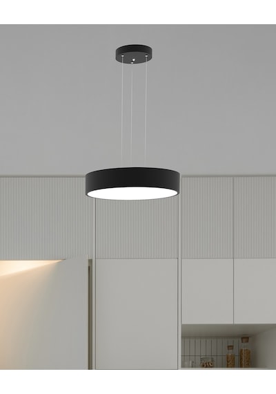 Drum 40cm Siyah Kasa, Doğal Beyaz Işık Modern Sarkıt Led Avize Siyah
