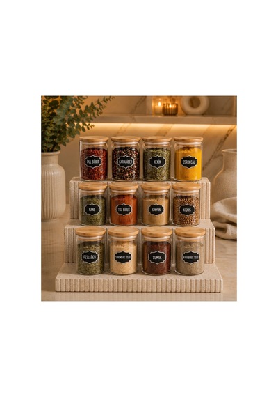 12'li Etiketli Bambu Kapaklı 250 Ml Cam Vakumlu Baharatlık Seti Diğer