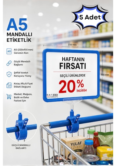 5 Adet - A5 Mandallı Etiketlik Fiyatlık Sepet Raf Askılık Fiyat Etiketi Çerçeveli Market Mağaza Mavi
