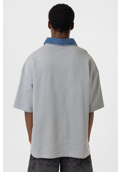 Polo Yaka Yazı Detaylı Oversize Tişört Gri