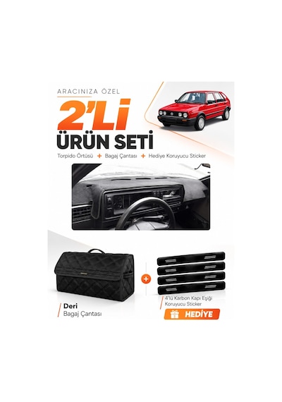 Volkswagen Golf 2 1983-1992 Uyumlu Torpido Örtüsü + Deri Bagaj Çantası + Sticker Seti - Siyah