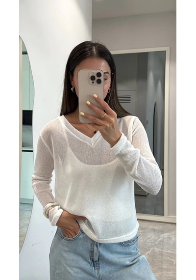 Wear Vexel Kadın V Yaka Uzun Kollu Triko İnce Bluz - Beyaz Çok Renkli Wear Vexel Kadın V Yaka Uzun Kollu Triko İnce Bluz - Beyaz Çok Renkli