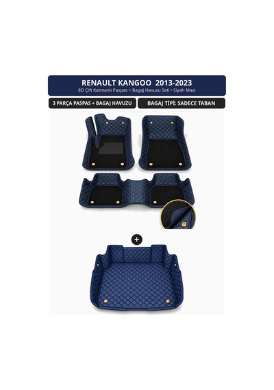 Renault Kangoo 2013-2023 Uyumlu 8d Çift Katmanlı Paspas + Bagaj Havuzu Seti Siyah Mavi