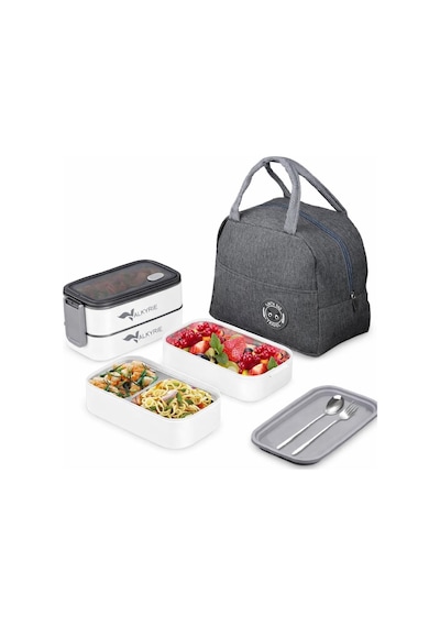 Valkyrie 1350 Ml Termal Yemek Kabı Seti Çelik Bölmeli Sızdırmaz Lunch Box + Isı Yalıtımlı Çanta Beyaz - Gri
