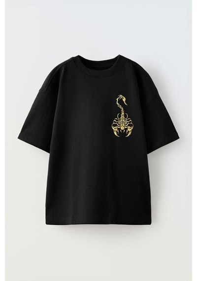 Thewert Unisex Altın Akrep Tasarım Baskılı Pamuk Sıyah Oversize T-shirt Siyah