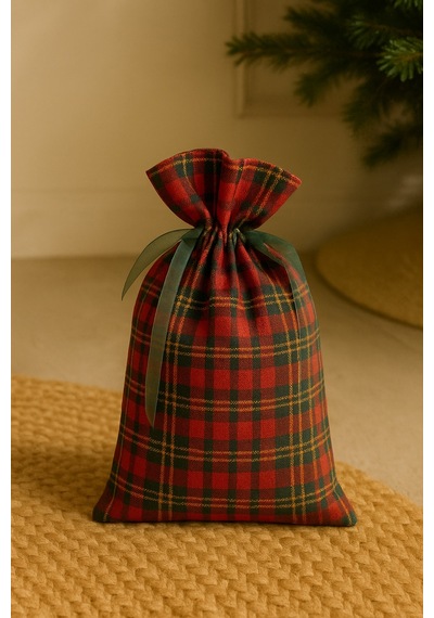 Yılbaşı Ağaç Altı Süsü Yeni Yıl Ekose Desenli Küçük Hediye Kesesi 20x25 Cm Kırmızı - 789258653