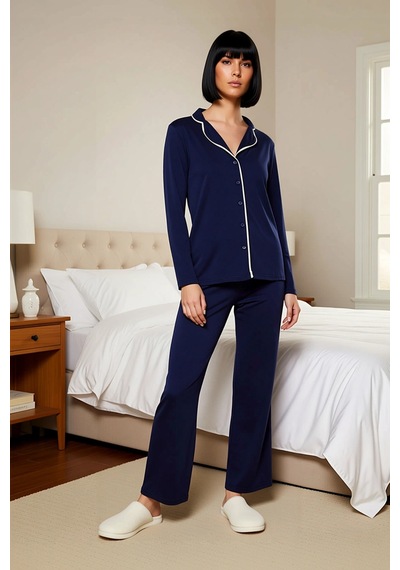 Benerly Kadın Gömlek Yaka Standart Kol Relaxed Kalıp Örme Pijama Takımı R lacivert