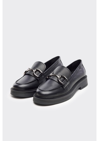 Derinet Tokalı Kadın Hakiki Deri Loafer Siyah Siyah