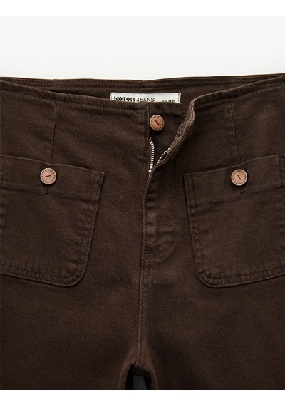 Koton Pamuklu Düğmeli Cepli Yüksek Bel Jean Pantolon - Culotte Jeans Koyu Kahverengi 7wal40011mw Koyu Kahve