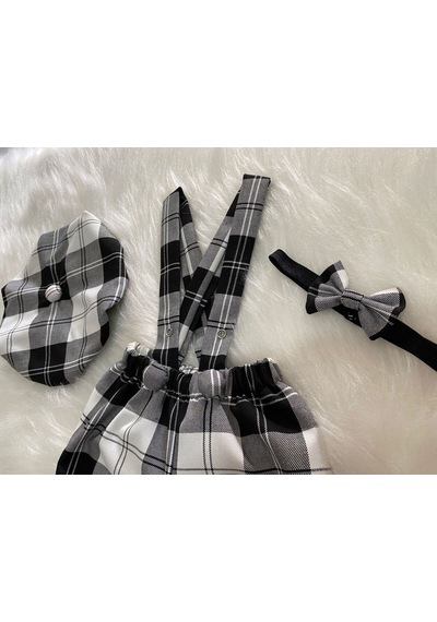 Eylülce Butik Siyah Ekoseli Çocuk Askılı Şort Salopet & Ressam Şapkası & Papyon Takım- Pasta Patlatma-doğum Günü